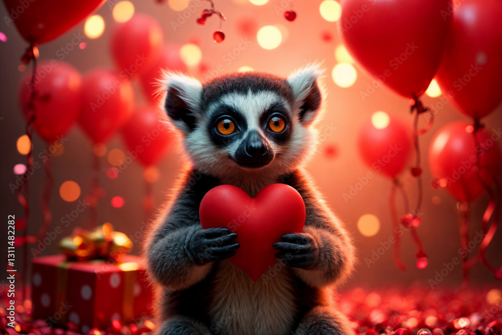 Funny lemur with a big valentine in his paws Funny lemur with a big valentine in his paws
