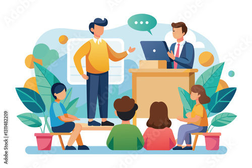 A speaker presents to an attentive audience in a vibrant, customizable setting designed for discussions, Public talk Customizable Flat Illustration