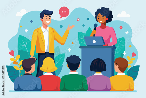 A lively public talk features a speaker addressing an attentive audience in a cheerful environment, Public talk Customizable Flat Illustration