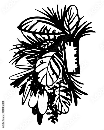 Tropical plant on the wall Vector illustration water feature on isolated background. Naive Linear contour drawing plant panel for logotype or poster. Contour drawing mixed leaves.