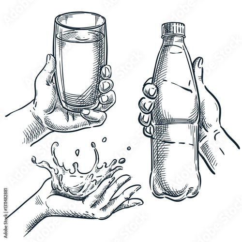 Hand holding drinking glass, plastic bottle, water splash. Vector hand drawn sketch illustration of drinking water