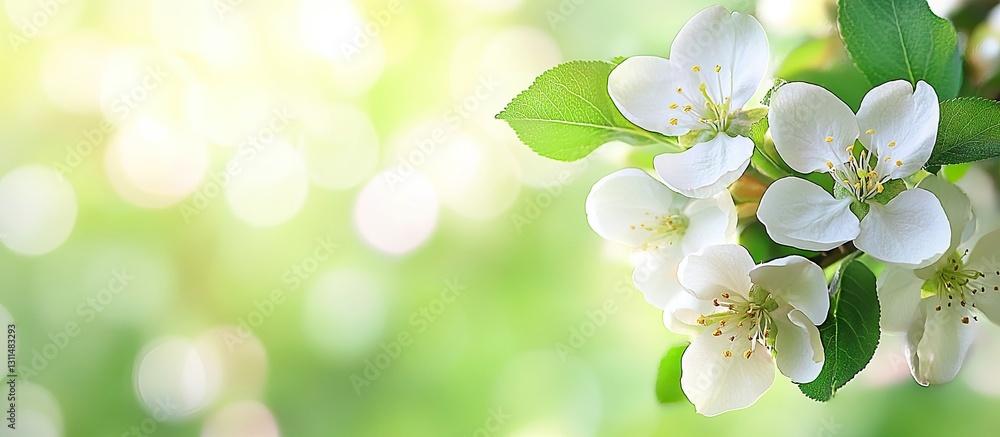 Delicate white apple tree blossoms cluster on a branch with vibrant green leaves, softly blurred green background enhancing springtime freshness. Delicate white apple tree blossoms cluster on a branch with vibrant green leaves, softly blurred green background enhancing springtime freshness.