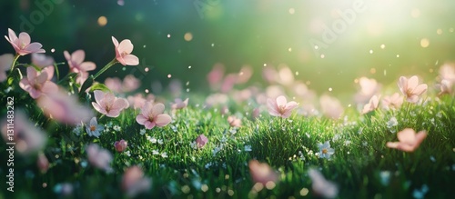 Spring meadow filled with pink and white blossoms on vibrant green grass illuminated by sunlight creating a serene nature atmosphere with text space.