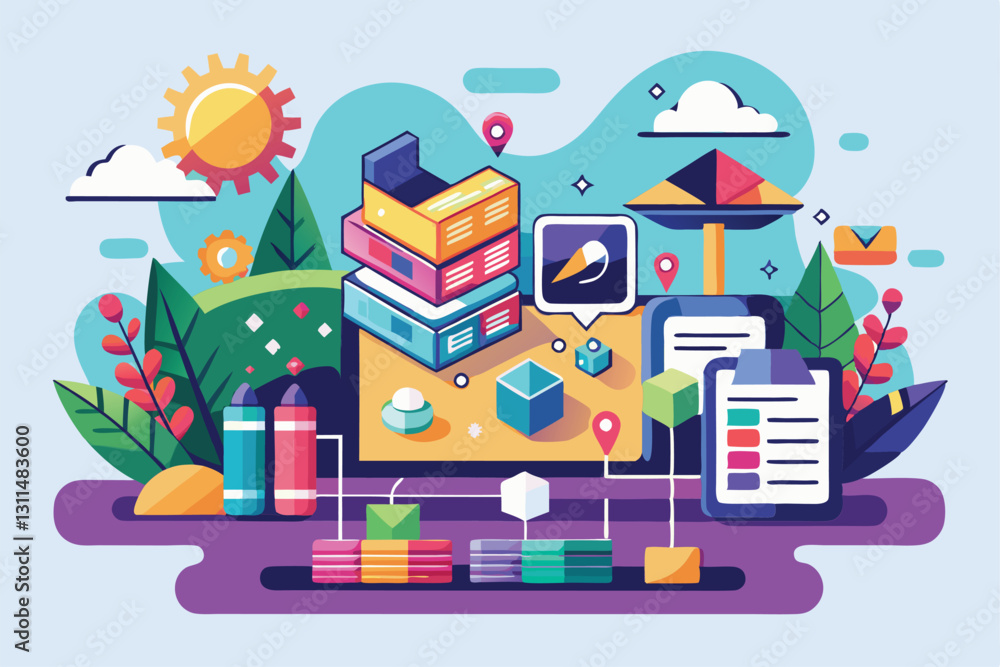 Naklejka premium A lively workspace illustrates customizable designs with colorful graphics and creative organization tools, Publish article Customizable Flat Illustration