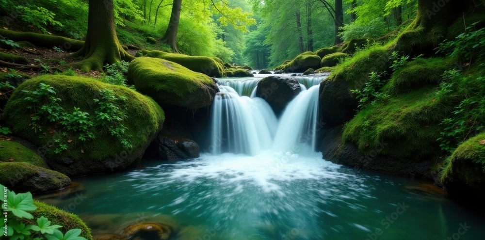 Emerald cascades tumble down moss-covered rocks in lush forest , waterfall, woodland Emerald cascades tumble down moss-covered rocks in lush forest , waterfall, woodland