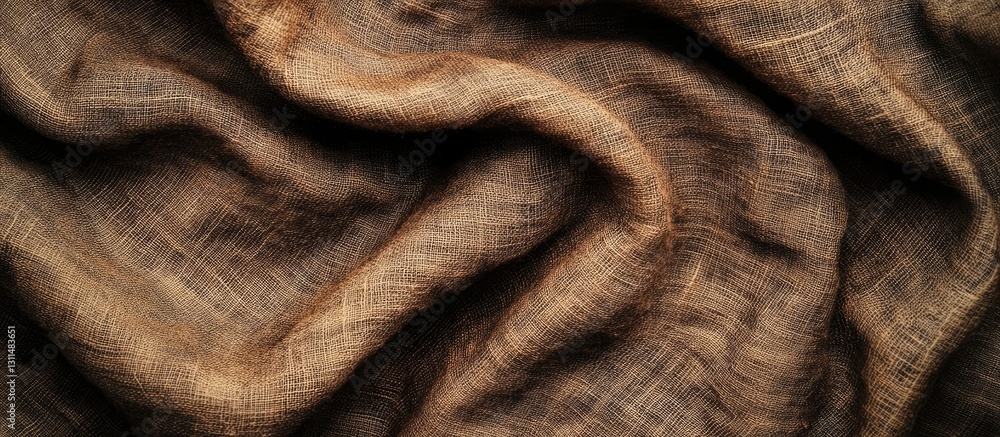 Fototapeta premium Brown aged fabric texture with subtle wrinkles and a soft sheen, showcasing light and dark brown tones, overlapping in gentle waves.