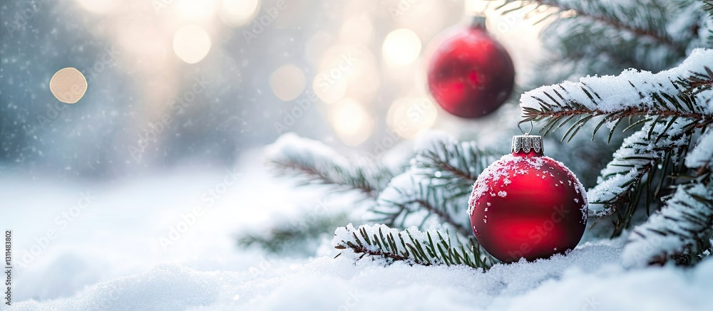 Red Christmas ornaments dangling from snow-dusted evergreen branches on a soft white snow blanket with a blurred winter background. Red Christmas ornaments dangling from snow-dusted evergreen branches on a soft white snow blanket with a blurred winter background.