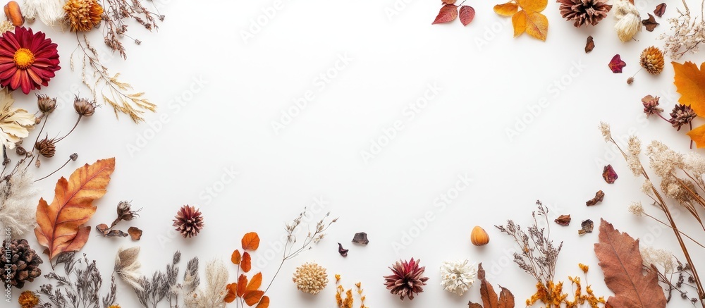 Fototapeta premium Autumn floral arrangement featuring orange and red dried leaves and flowers on a white background with ample copy space in the center.