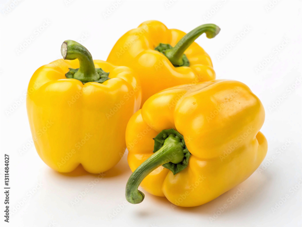 A group of yellow bell peppers, their vibrant color and smooth skin highlighted against a white background, perfect for food or ingredient-focused content A group of yellow bell peppers, their vibrant color and smooth skin highlighted against a white background, perfect for food or ingredient-focused content