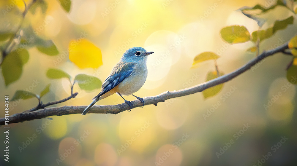 tiny blue bird perched on tree branch in serene setting tiny blue bird perched on tree branch in serene setting