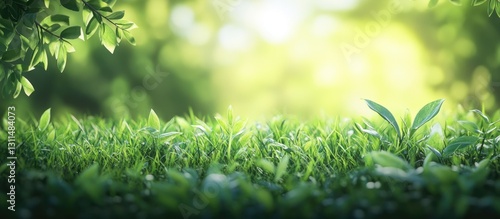 Lush green grass backdrop with vibrant leaves framing the image, soft sunlight creating a tranquil natural atmosphere in the background.