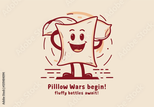 International Pillow Fight Day Vector Illustration | Fun Pillow Battle, Cute Pillow Character, T-Shirt, Poster, Sticker, Social Media Post | Solid Colors, No Gradients