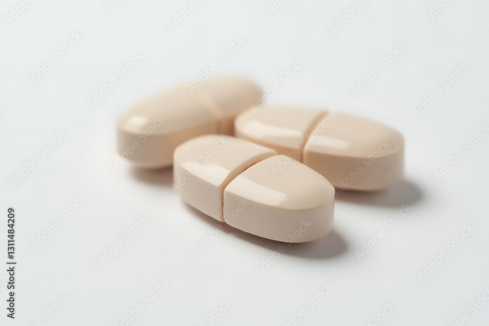 Three pills are sitting on a white background. They are all the same color and shape. The pills are not in a container, but rather on a table Three pills are sitting on a white background. They are all the same color and shape. The pills are not in a container, but rather on a table