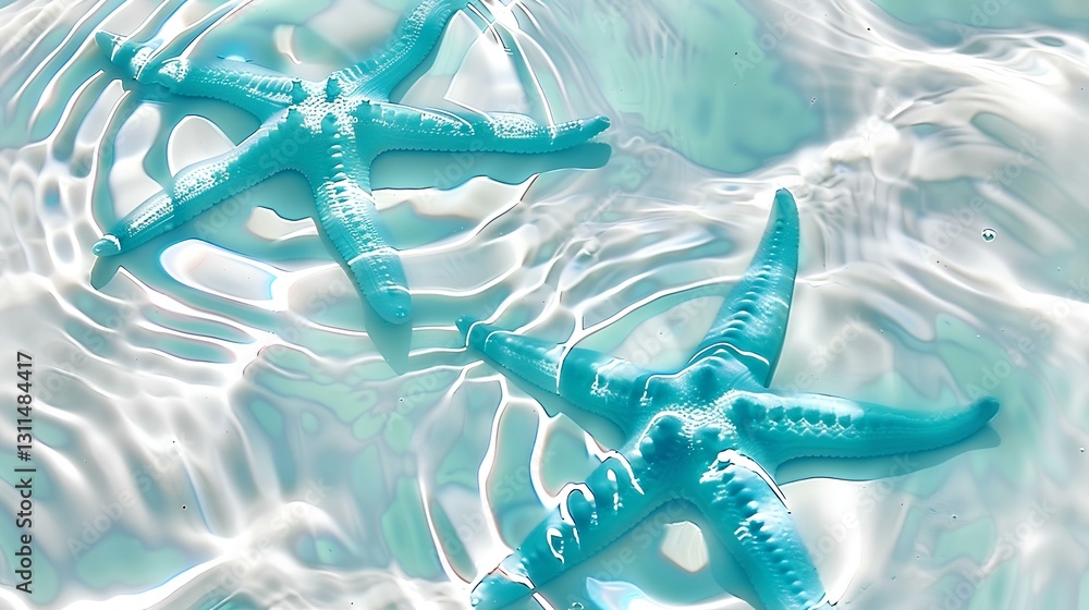 Light blue water, light ripples and reflections, two turquoise starfish floating on the surface, simple background