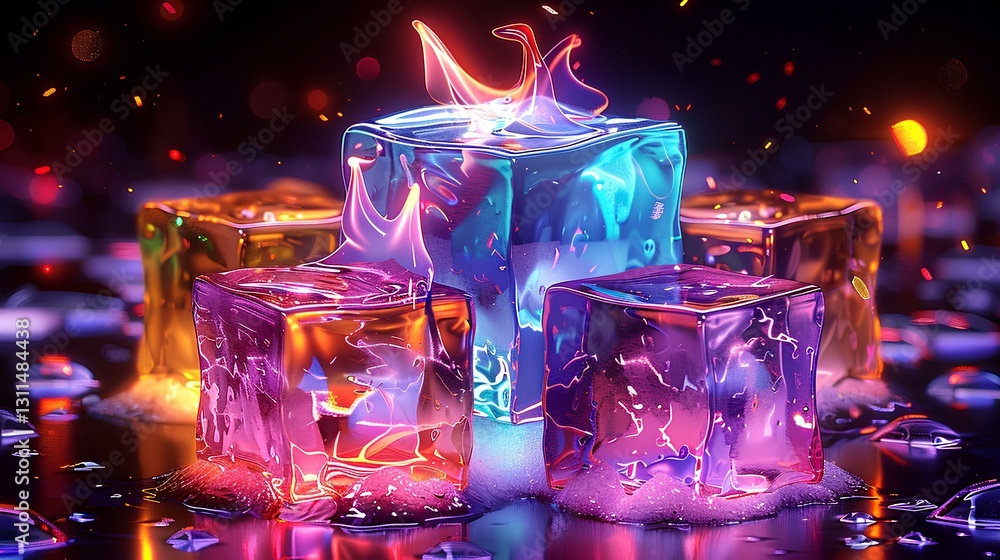 ice cubes, with colorful ice cubes, Large blue flames were rising from the top of the ice, black background