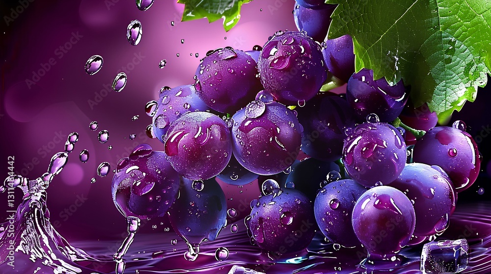 Grapes with water droplets on purple background, ice cubes
