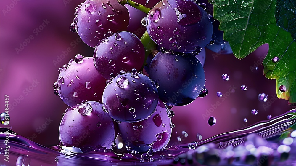 Grapes with water droplets on purple background, ice cubes
