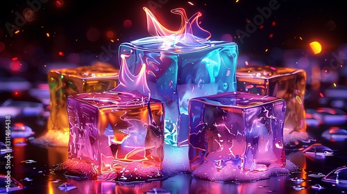 Obraz na płótnie ice cubes, with colorful ice cubes, Large blue flames were rising from the top of the ice, black background w salonie