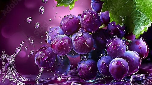 Obraz na płótnie Grapes with water droplets on purple background, ice cubes w salonie