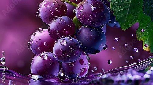 Obraz na płótnie Grapes with water droplets on purple background, ice cubes w salonie