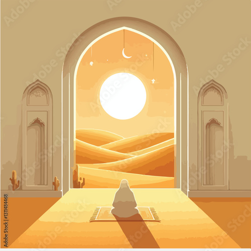 The image of the mosque and people praying with a very stunning sunset background