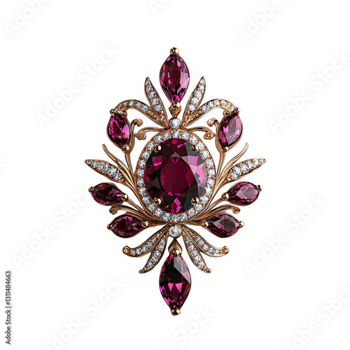 Canvas Print Elegant vintage brooch with ruby gemstones and intricate details.