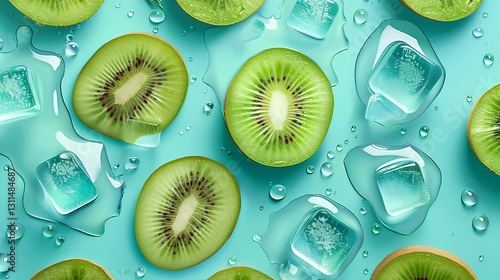 kiwi slices, ice cubes, Lots of little drops of water, background minimal and turquoise