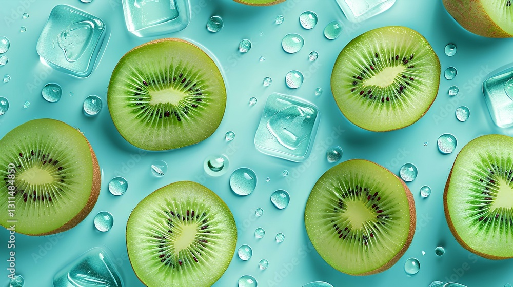 kiwi slices, ice cubes, Lots of little drops of water, background minimal and turquoise