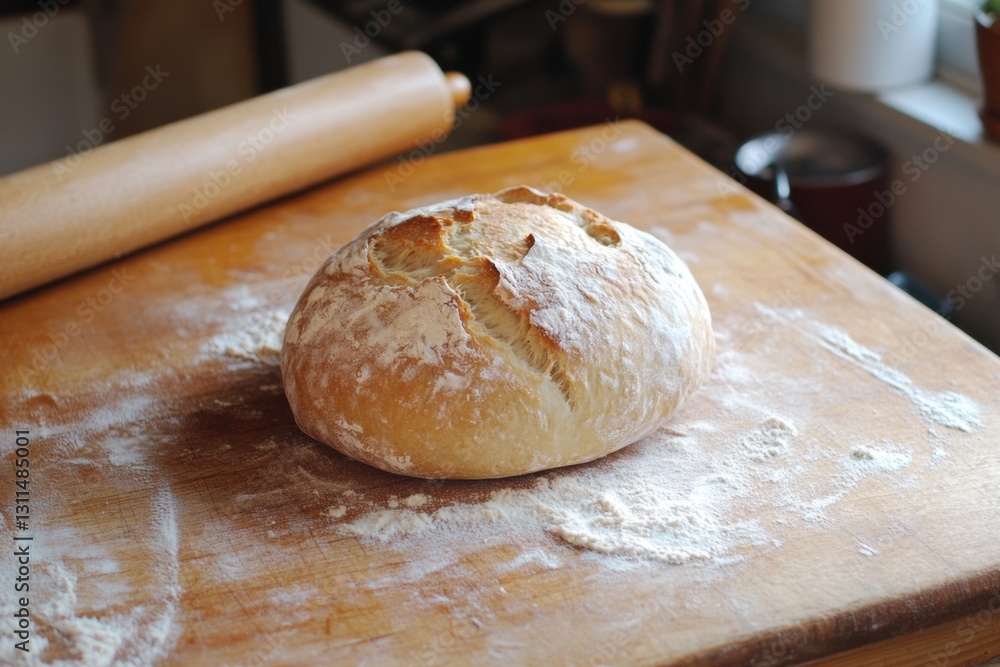 Freshly baked bread resting on a rustic kitchen counter surrounded by flour and a rolling pin in warm natural light Freshly baked bread resting on a rustic kitchen counter surrounded by flour and a rolling pin in warm natural light