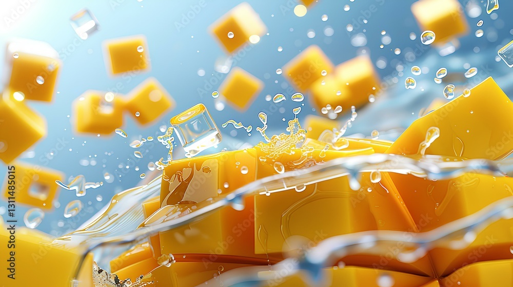 Mango and ice cubes, sliced mango, ice cubes, in the background of bright blue sky, surreal style fresh fruit color