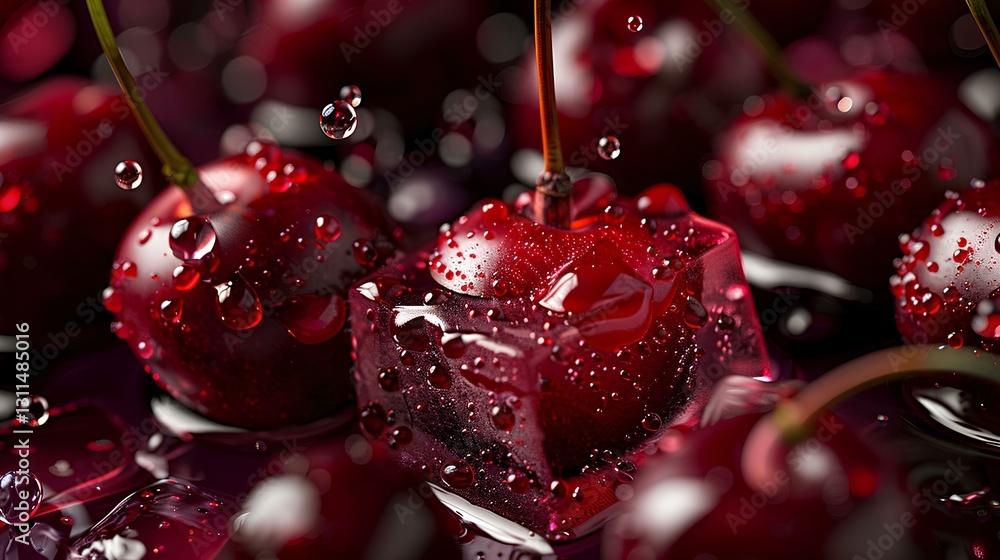 many pieces of big Red cherry and little pink ice cube