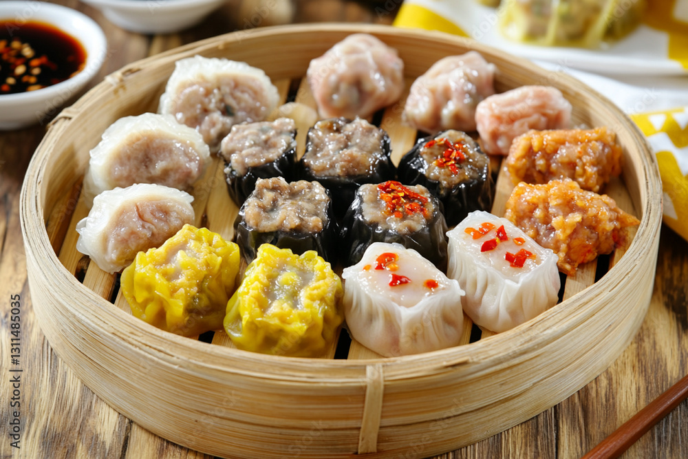 Assortment of dim sum in bamboo basket, served with soy sauce and chili Assortment of dim sum in bamboo basket, served with soy sauce and chili