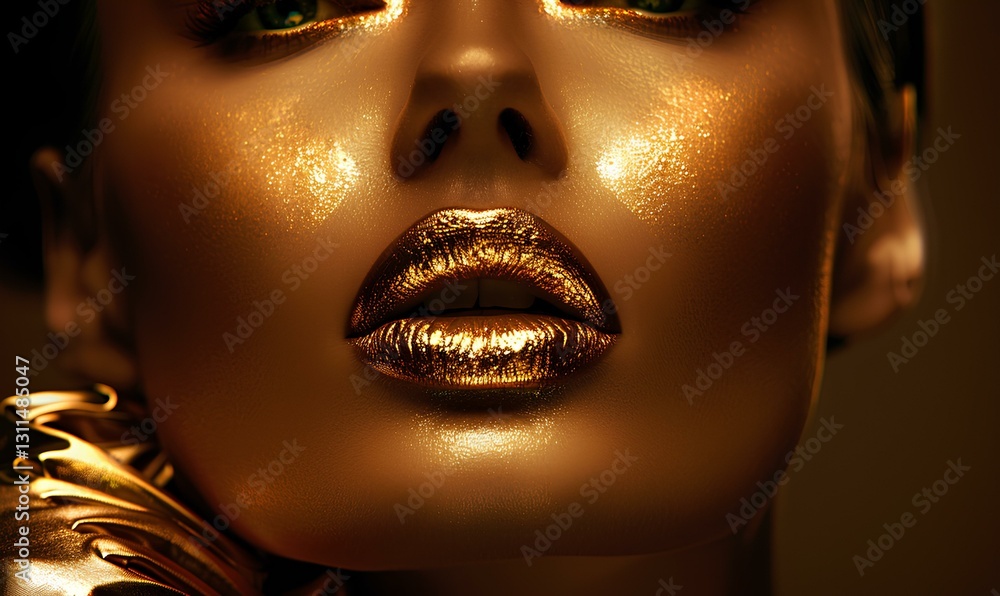 high end portrait of a woman, gold, sensual, gorgeous woman with gold lips, mysterious and dramatic lighting, front view