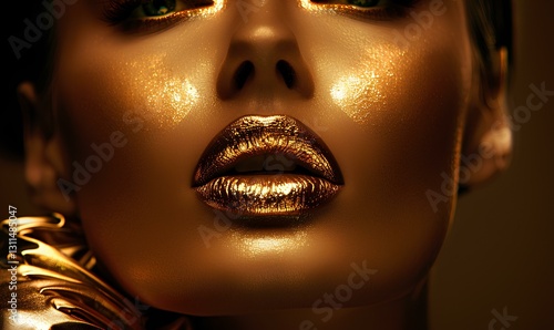 high end portrait of a woman, gold, sensual, gorgeous woman with gold lips, mysterious and dramatic lighting, front view 