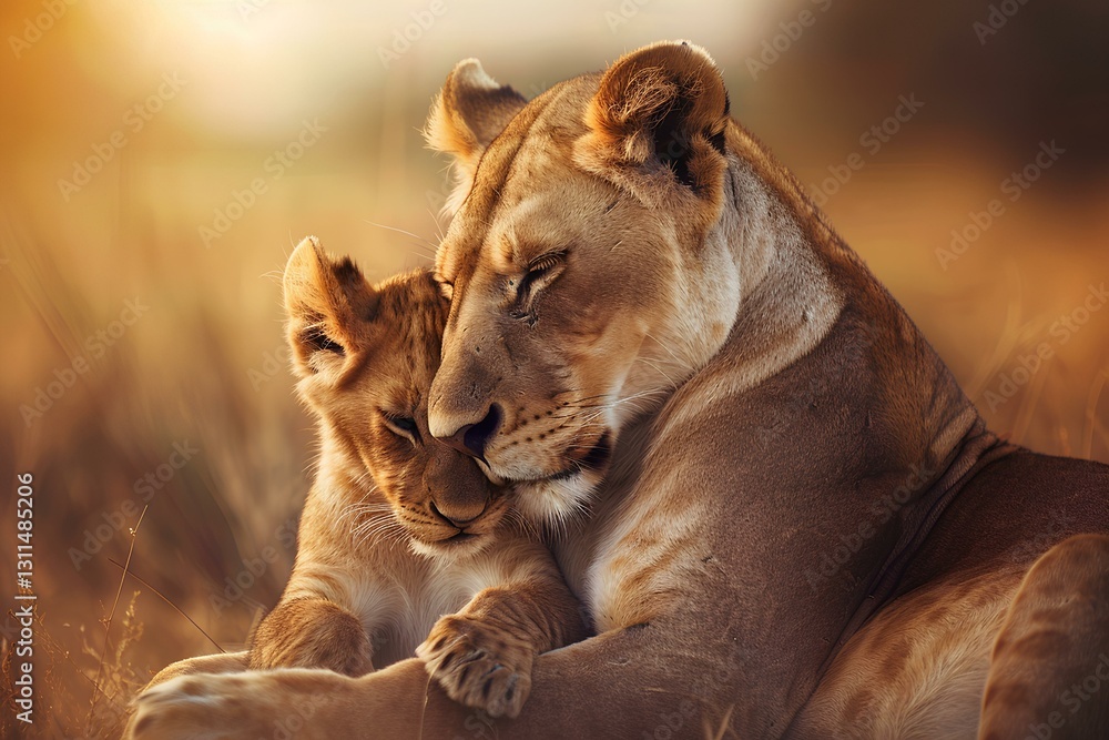 lioness cuddles with her cub in the savannah, showing love and care for each other