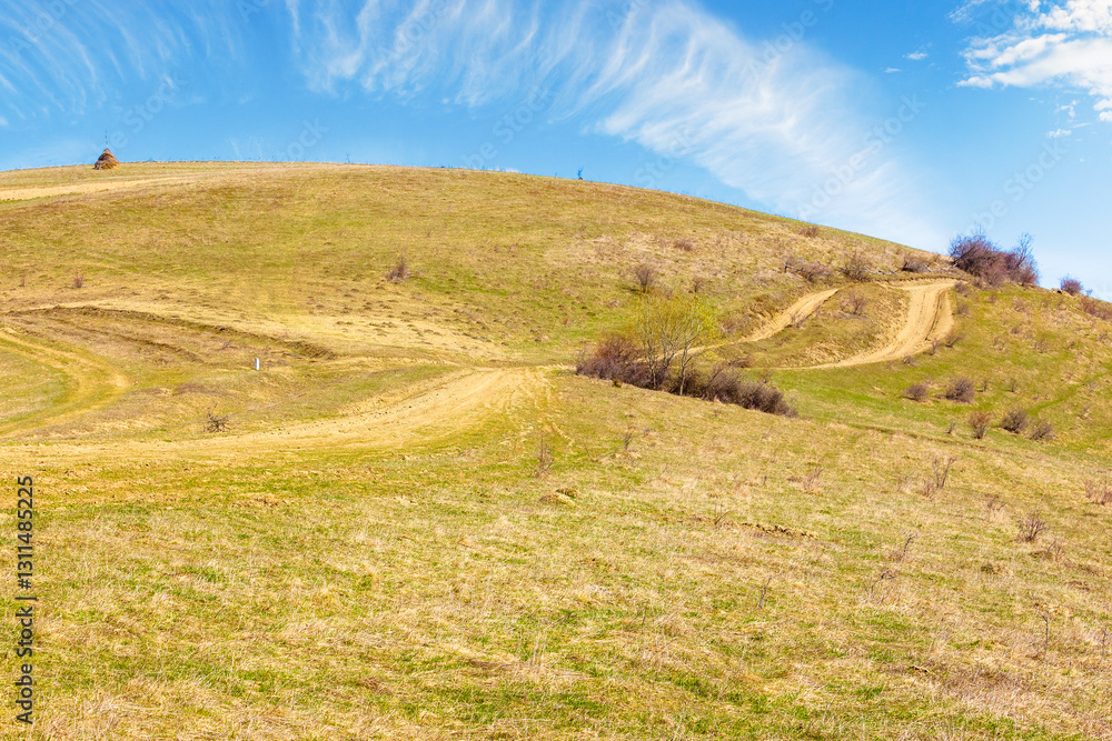 rural road through the hill with grassy meadow. sunny day. carpathian mountain ridge in the distance. alpine countryside of ukraine in early spring. fluffy clouds on the blue sky