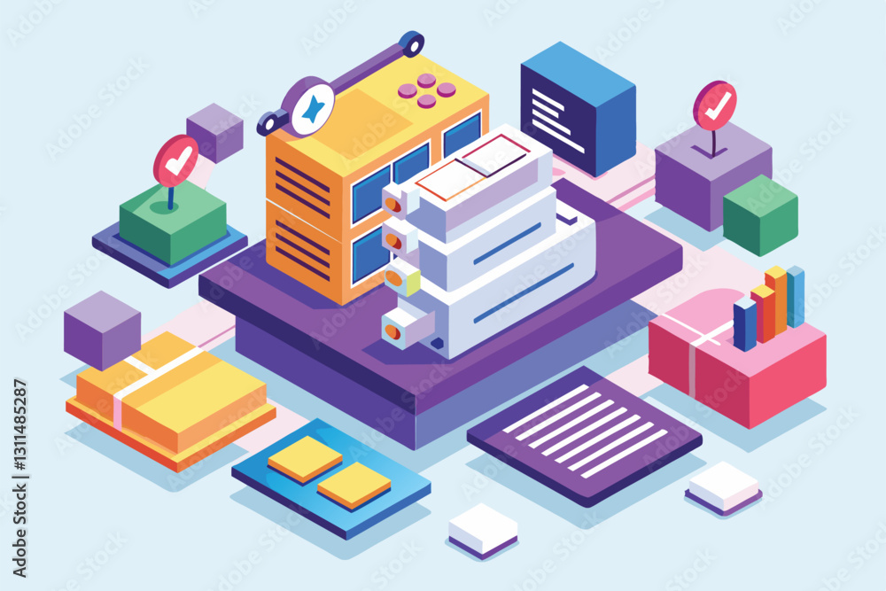 Obraz premium A vibrant illustration showcasing a pull request workflow with various customizable tech components, Pull request Customizable Isometric Illustration