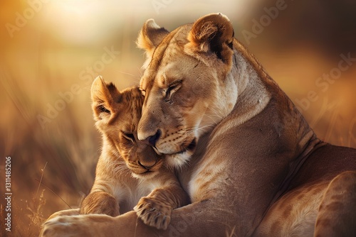 Obraz na płótnie lioness cuddles with her cub in the savannah, showing love and care for each other w salonie
