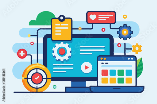 This illustration depicts a vibrant workstation focused on the customizable pull request process, Pull request Customizable Flat Illustration