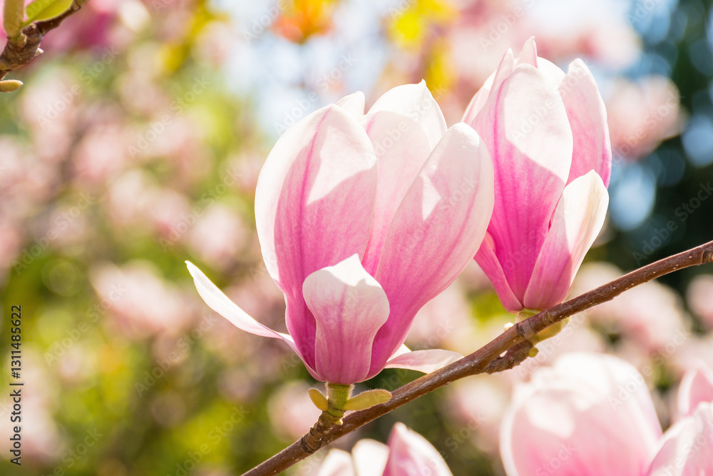 large pink flowers of magnolia soulangeana tree in full bloom. beautiful closeup background on a sunny day in spring