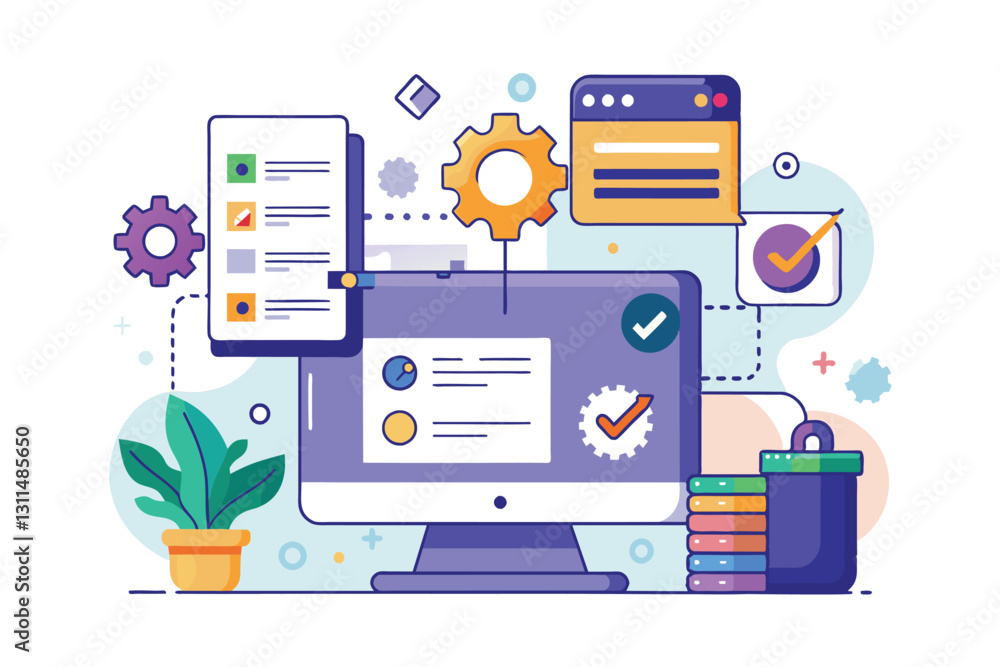A modern workspace with a computer displaying coding elements, gears, and checklists for pull request customization, Pull request Customizable Semi Flat Illustration A modern workspace with a computer displaying coding elements, gears, and checklists for pull request customization, Pull request Customizable Semi Flat Illustration