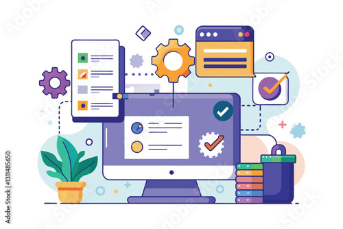 A modern workspace with a computer displaying coding elements, gears, and checklists for pull request customization, Pull request Customizable Semi Flat Illustration