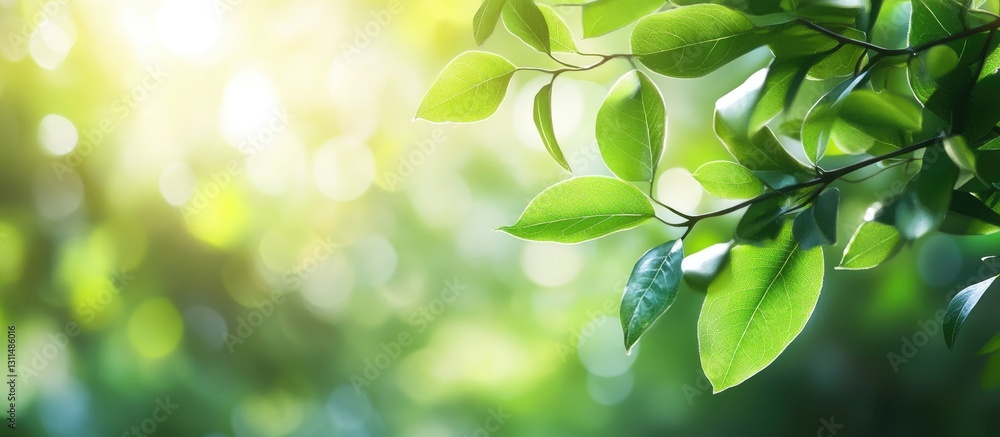 Green leaves with soft bokeh light creating a tranquil atmosphere in a sunlit garden, positioned on the left side for copy space on the right. Green leaves with soft bokeh light creating a tranquil atmosphere in a sunlit garden, positioned on the left side for copy space on the right.