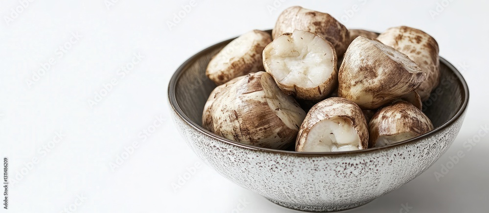 Bowl of boiled taro roots showcasing earthy brown tones on a textured grey plate against a clean white background for a fresh culinary setting Bowl of boiled taro roots showcasing earthy brown tones on a textured grey plate against a clean white background for a fresh culinary setting