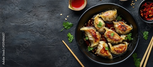 Wallpaper Mural Pan fried meat dumplings Jiaozi arranged neatly on a black plate garnished with cilantro on a dark background with dipping sauces in stylish bowls Torontodigital.ca