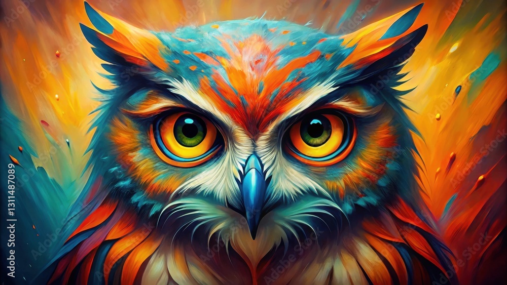 A Vivid Portrait of a Majestic Owl, Its Feathers Painted in a Kaleidoscope of Bright Hues, Featuring Intense Golden Eyes A Vivid Portrait of a Majestic Owl, Its Feathers Painted in a Kaleidoscope of Bright Hues, Featuring Intense Golden Eyes