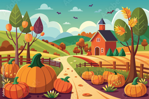 Explore a colorful pumpkin patch filled with pumpkins and surrounded by beautiful fall foliage and hills, Pumpkin patch Customizable Semi Flat Illustration