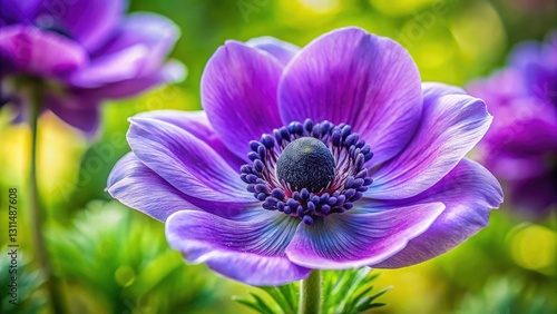 A stunning macro photograph reveals the vibrant purple hues and delicate structure of a spring anemone blossom.