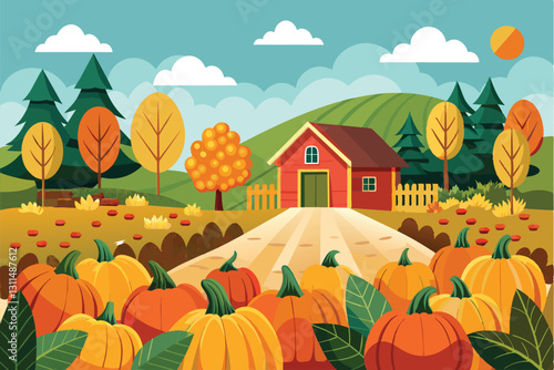 Explore a vibrant pumpkin patch filled with ripe pumpkins, set against an idyllic fall landscape, Pumpkin patch Customizable Semi Flat Illustration