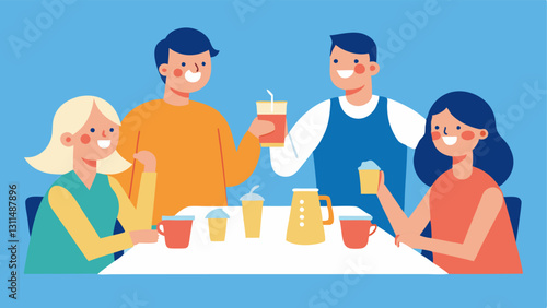 Tilted Angle of a Family Gathering This illustration portrays a family gathering seen from a diagonal perspective. The table is set with drinks and plates and the characters appear